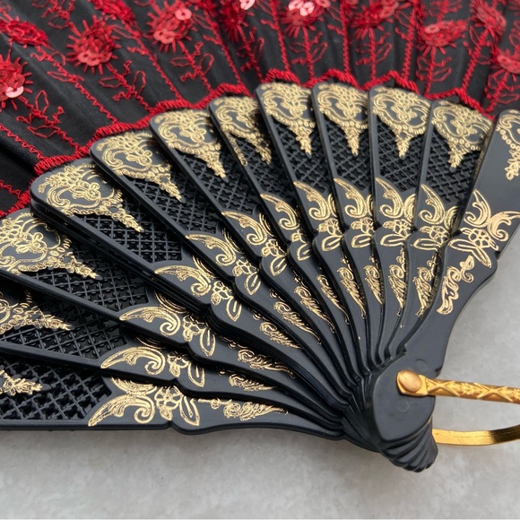 Embroidered Sequins Fabric Handheld Folding Fan for Women Girls Flamenco Dancer - Picture 6 of 9